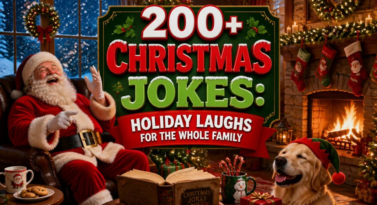 200+ Christmas jokes graphic featuring Santa, a laughing family, and funny holiday speech bubbles.