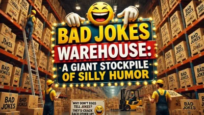 Bad Jokes Warehouse graphic featuring silly jokes, funny speech bubbles, and playful humor.