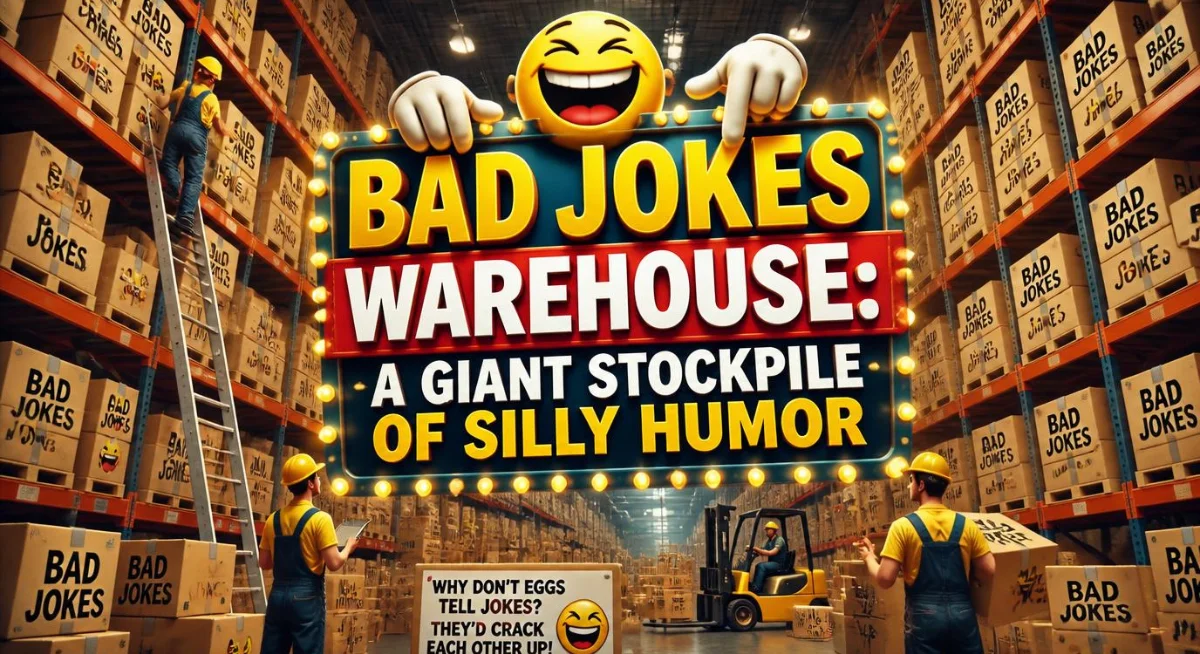 Bad Jokes Warehouse graphic featuring silly jokes, funny speech bubbles, and playful humor.