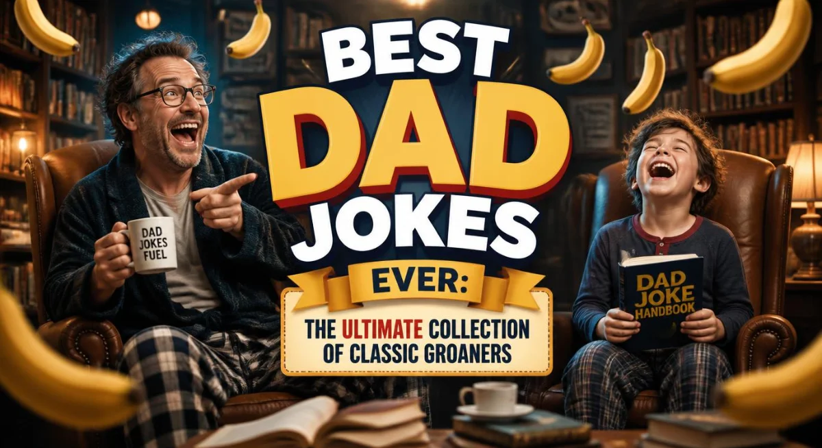 Best dad jokes ever graphic featuring classic groaners, funny speech bubbles, and family-friendly humor.