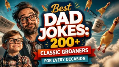 Dad laughing while telling a classic dad joke to his family, who are groaning and smiling together