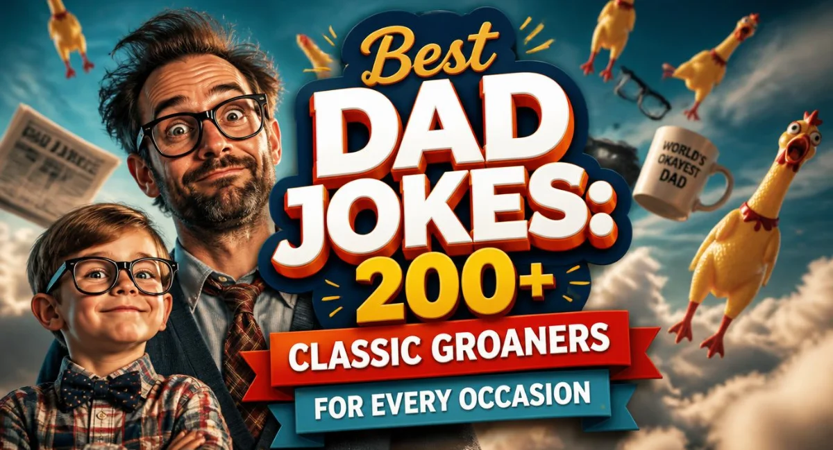 Dad laughing while telling a classic dad joke to his family, who are groaning and smiling together