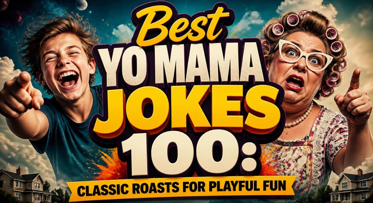 Best Yo Mama jokes 100 graphic featuring classic roasts, funny speech bubbles, and playful humor.
