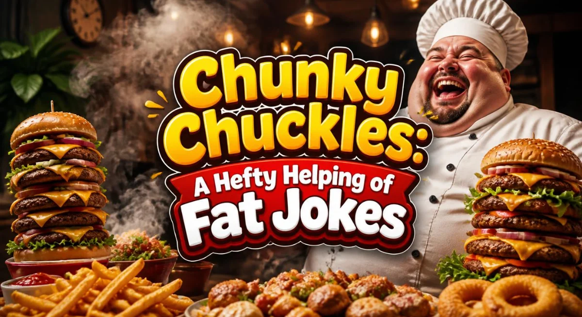 Chunky Chuckles graphic featuring playful fat jokes, funny speech bubbles, and lighthearted humor.