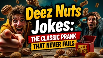 Deez Nuts jokes graphic featuring a classic prank theme, funny speech bubbles, and playful humor.
