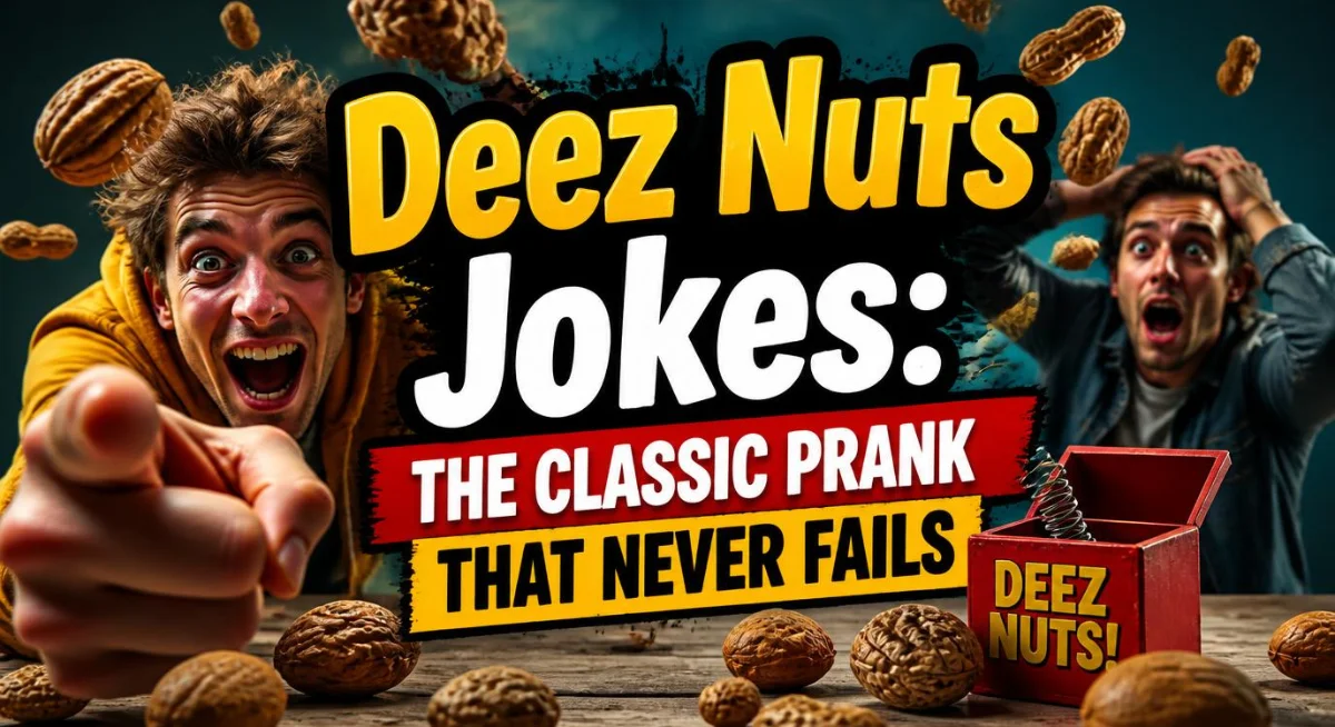 Deez Nuts jokes graphic featuring a classic prank theme, funny speech bubbles, and playful humor.