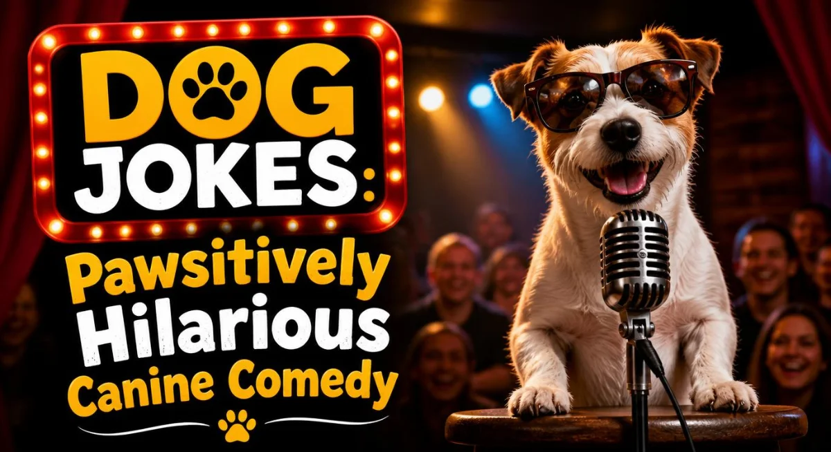 Dog jokes graphic featuring funny dogs, playful paw-themed humor, and silly canine jokes.