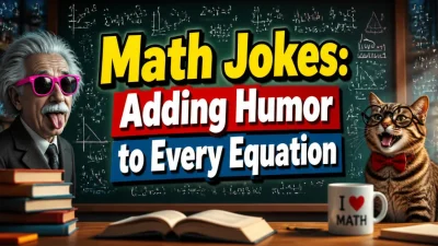 Math jokes graphic featuring funny equations, numbers, symbols, and playful mathematical humor.