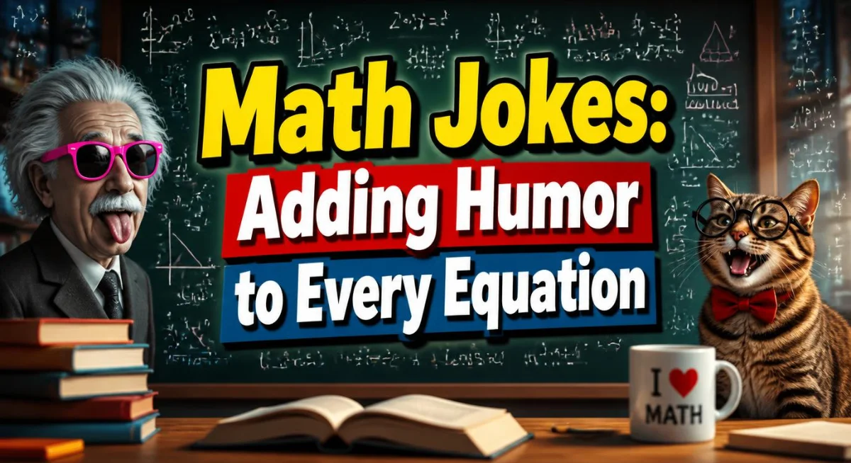 Math jokes graphic featuring funny equations, numbers, symbols, and playful mathematical humor.