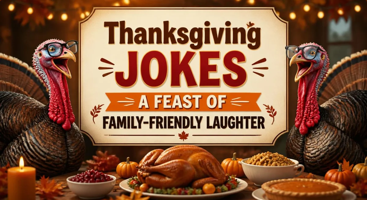 Thanksgiving jokes graphic featuring family-friendly humor, festive food, and playful laughter.