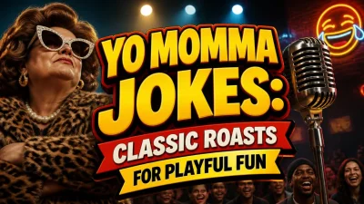 Yo Momma jokes graphic featuring classic roasts, funny speech bubbles, and playful humor.