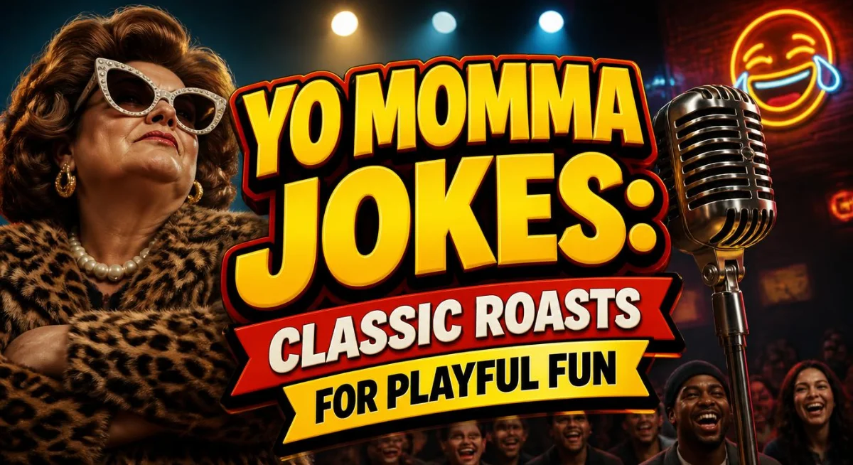Yo Momma jokes graphic featuring classic roasts, funny speech bubbles, and playful humor.