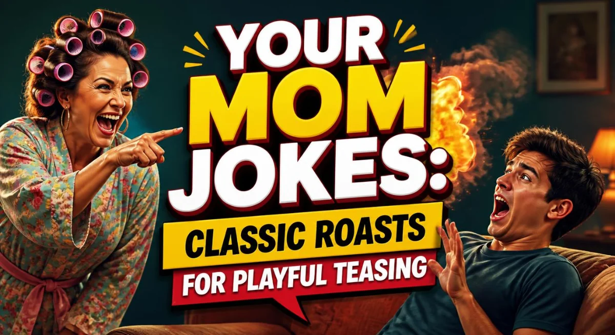 Your Mom jokes graphic featuring classic roasts, funny speech bubbles, and playful teasing.