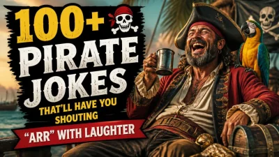 100+ pirate jokes graphic with funny pirate humor, silly punchlines, and hilarious “Arr” laughs.