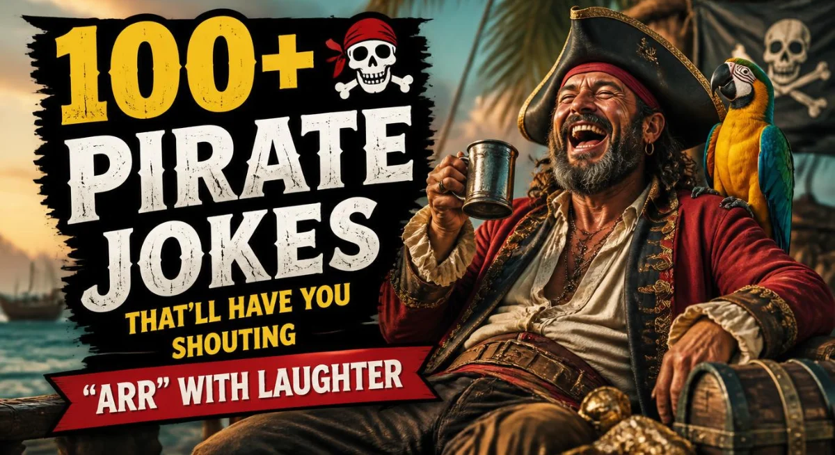 100+ pirate jokes graphic with funny pirate humor, silly punchlines, and hilarious “Arr” laughs.