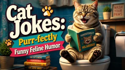 Cat jokes graphic featuring funny cats, playful puns, and purr-fect feline humor.