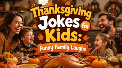Thanksgiving jokes for kids with funny family laughs, silly turkey jokes, and playful humor.